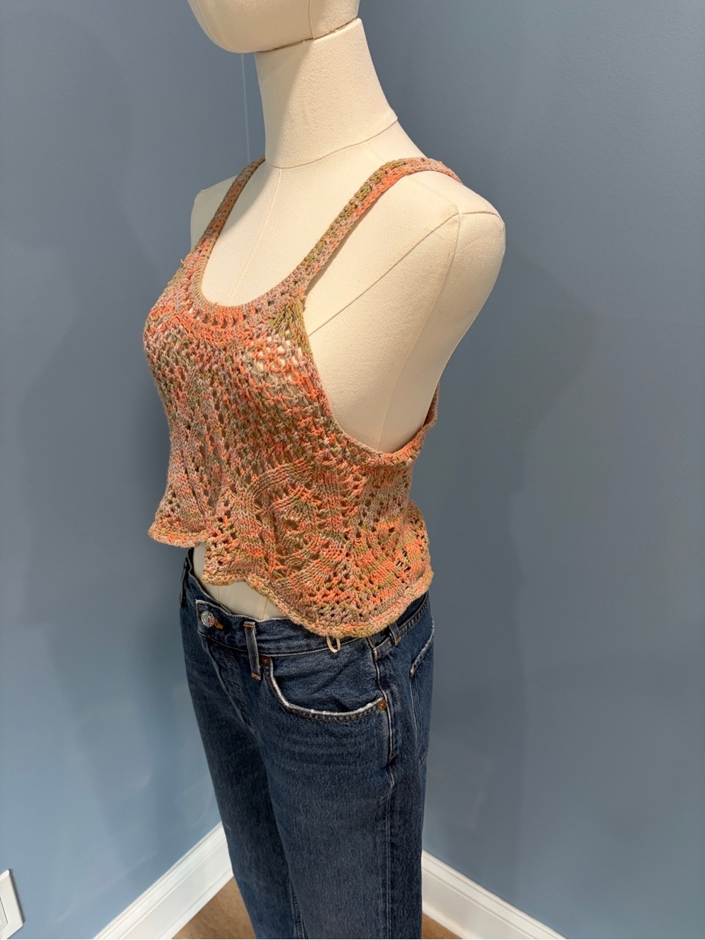 Free People Crochet Knit Tank Top XS Boho Open Knit Crop Racerback - Picture 3 of 6